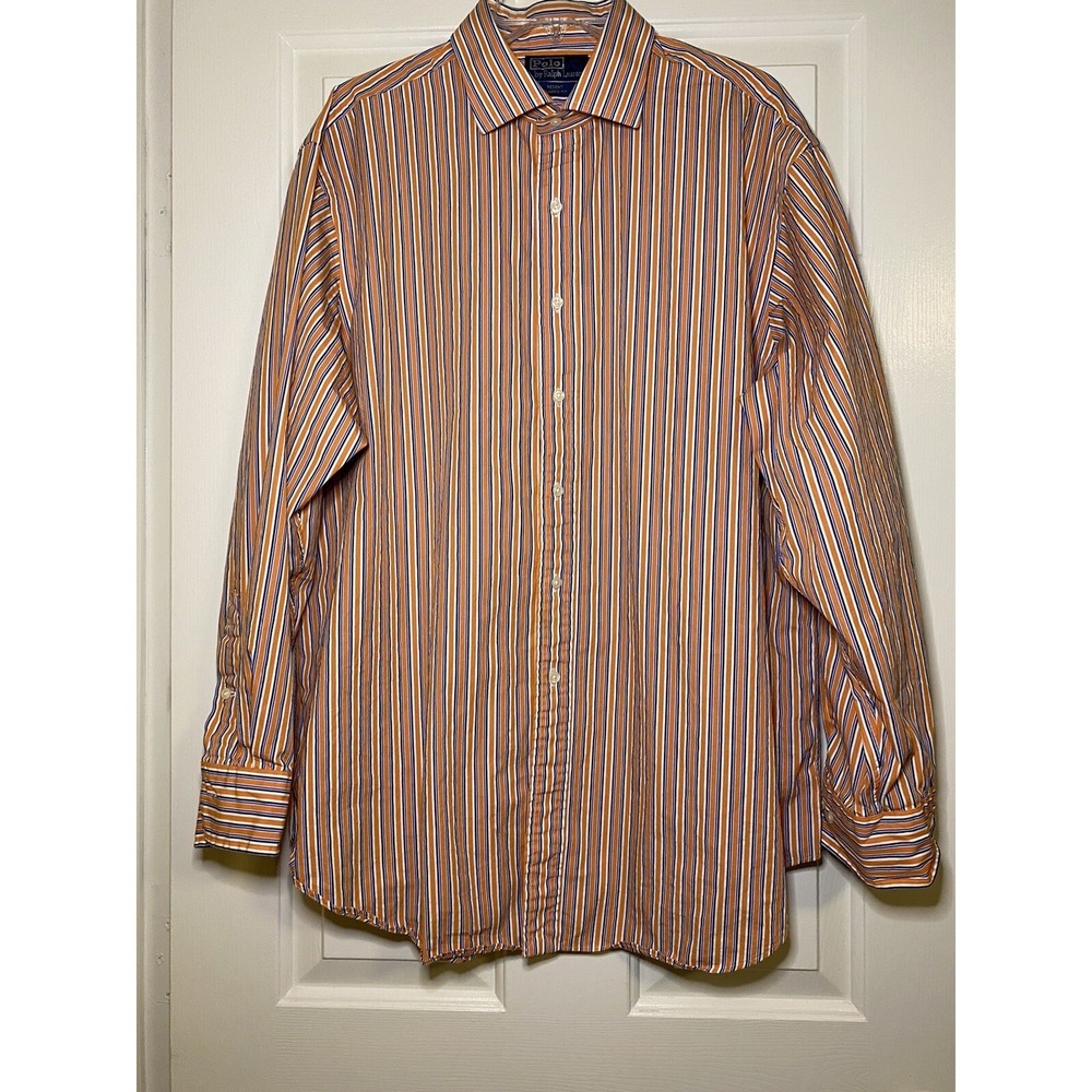 Polo Ralph Lauren Regent Classic Fit Orange Blue Striped Dress Shirt‎ 18 34/35
